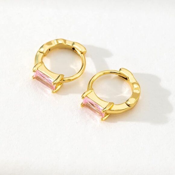 14K Yellow Gold with Pink Sapphire Cubic Zirconia Baguette Cut Huggie Earrings - Picture 4 of 7